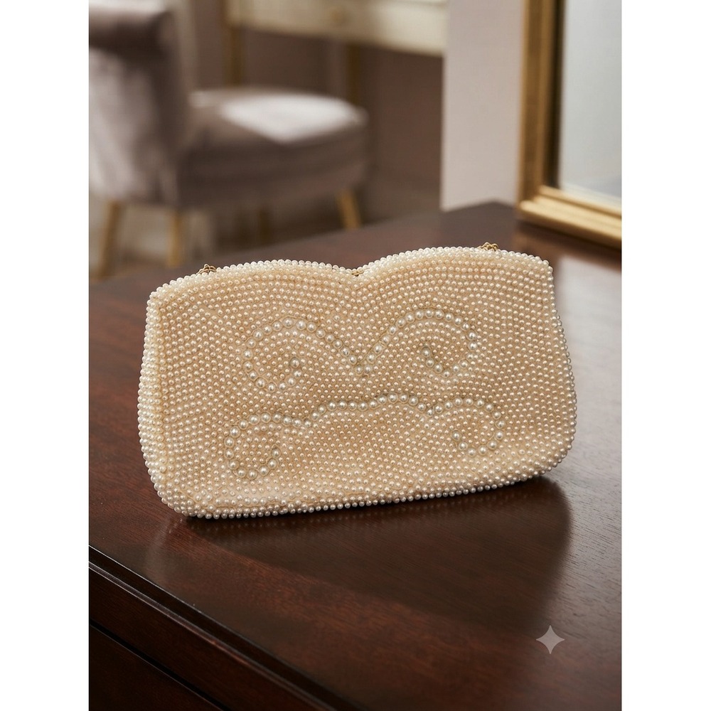 Vintage Ivory Faux Pearl Beaded Clutch Evening Bag Made in Japan Swirl‎ Pattern
